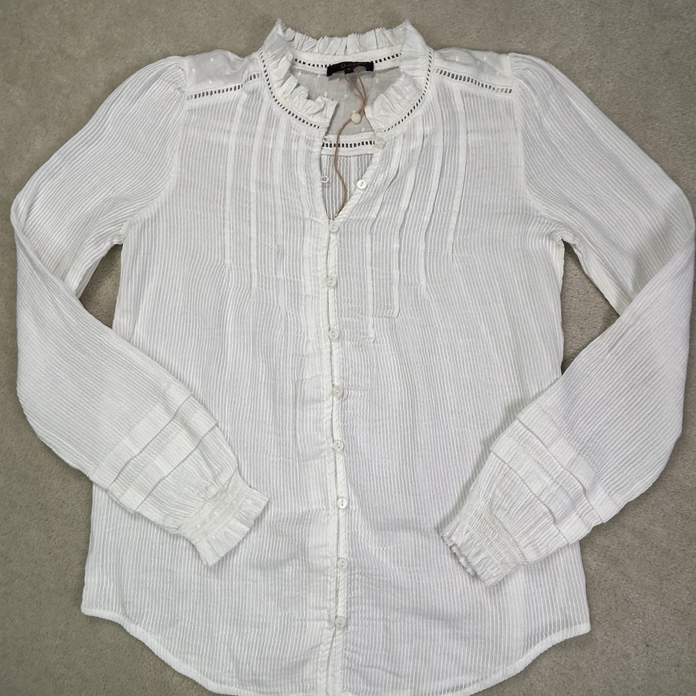 Quince Organic Textured Cotton Peasant Blouse White Long Sleeve Button Up Small